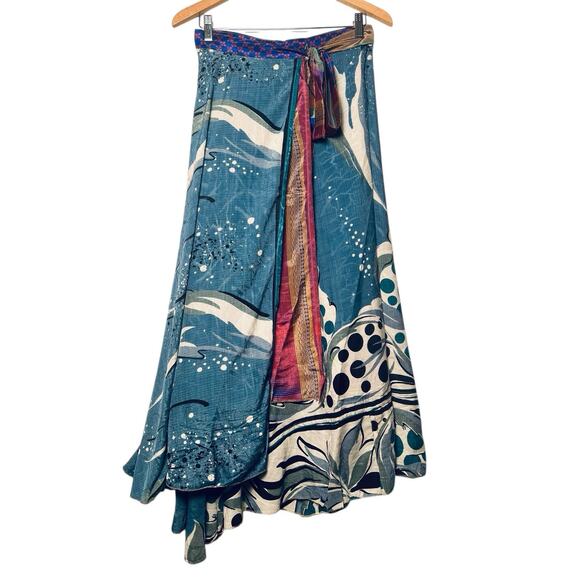 Unbranded Dresses & Skirts - Recycled 100% Silk Long Maxi Wrap Skirt Free Size Blue Abstract Print Gypsy Boho